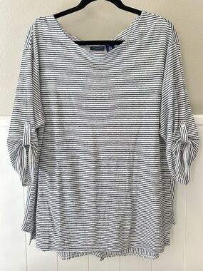 100% Linen Adrienne Vittadini Plus 1X Three-Quarter Sleeve Beachy Striped Top